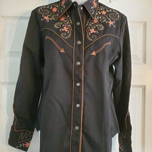 Scully Embroidered Black Floral Western Shirt Pearl Snaps XS